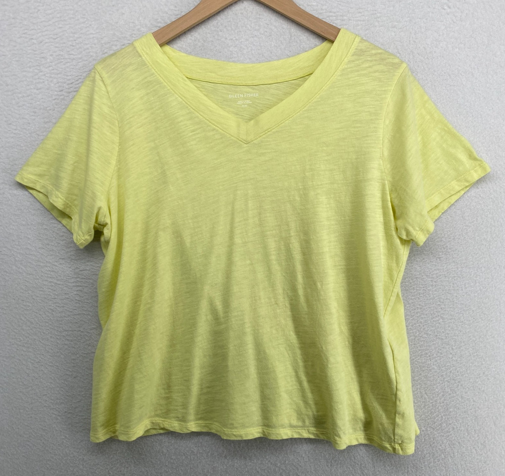 EILEEN FISHER Top M Slub Organic Cotton Jersey V-Neck Short Sleeve Yellow